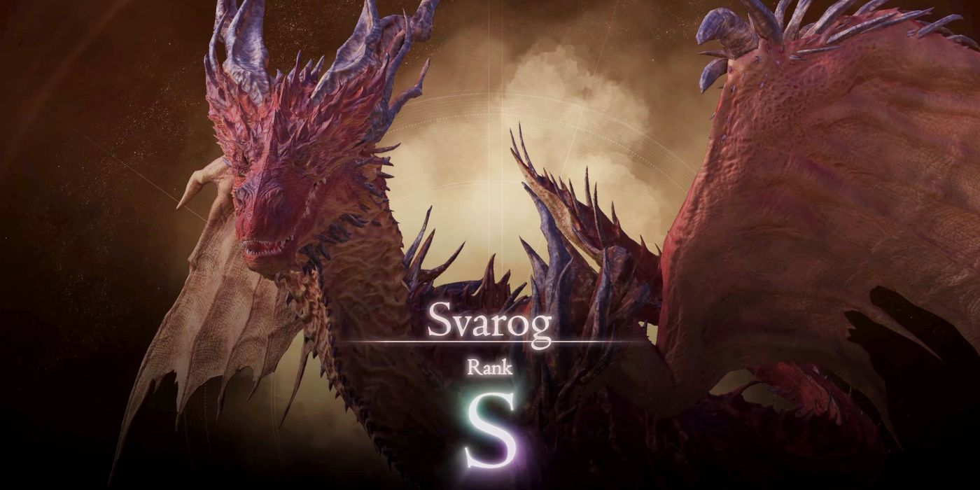 Svarog&rsquo;s hunt card in Final Fantasy 16 stating it is an S-Rank opponent. Svarog is a large red dragon with open wings.