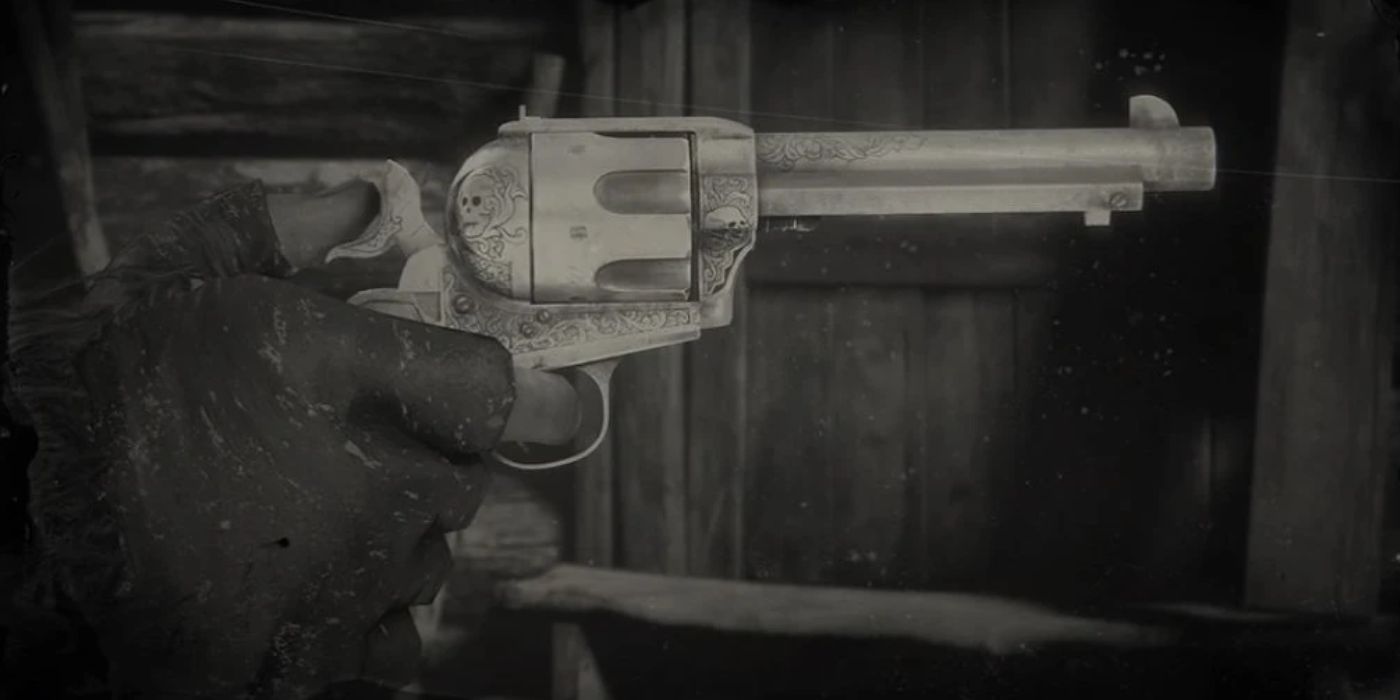 A black and white image of someone holding Flaco's Revolver in RDR2.