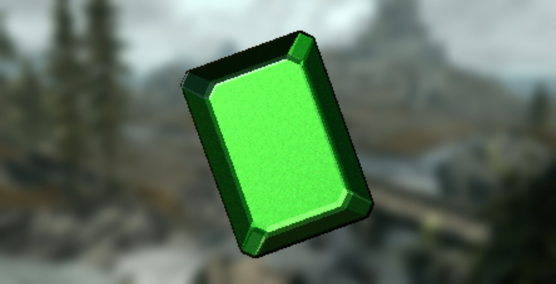 A render of a flawless emerald against a blurry screenshot of Skyrim