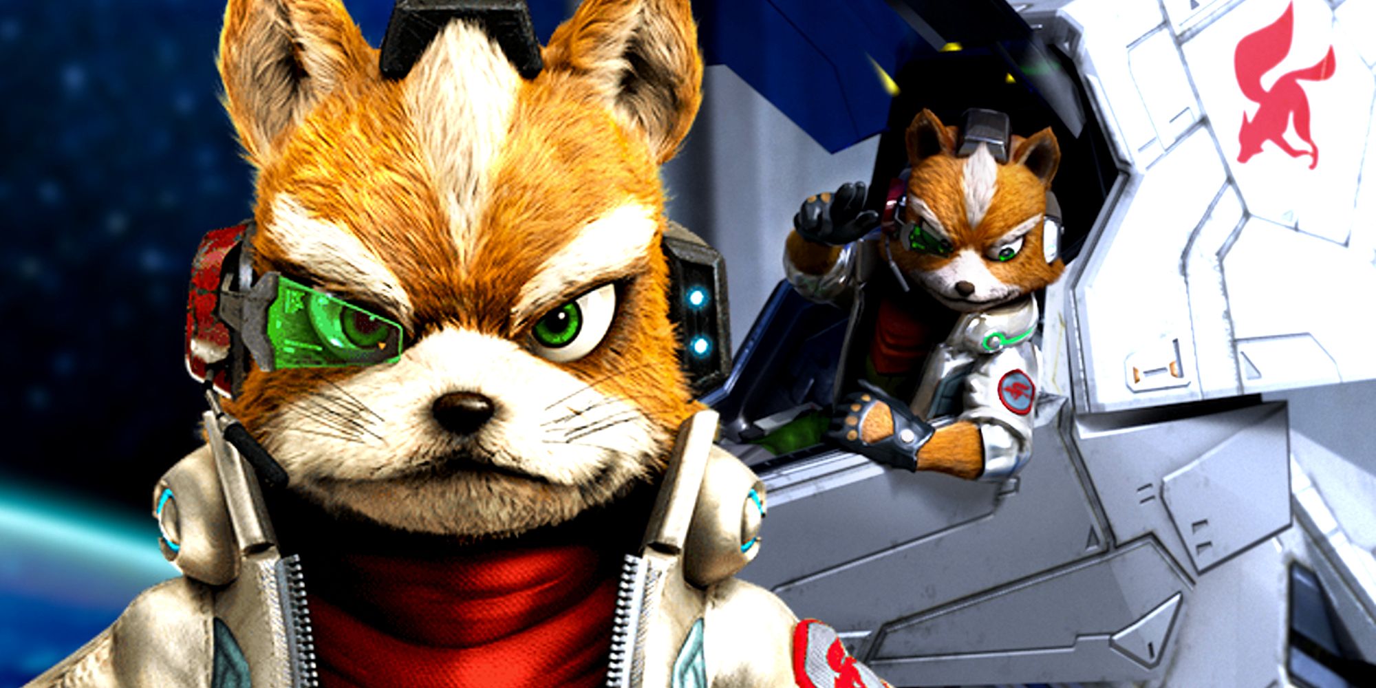 Fox McCloud no videogame Star Fox Zero em sua nave espacial.