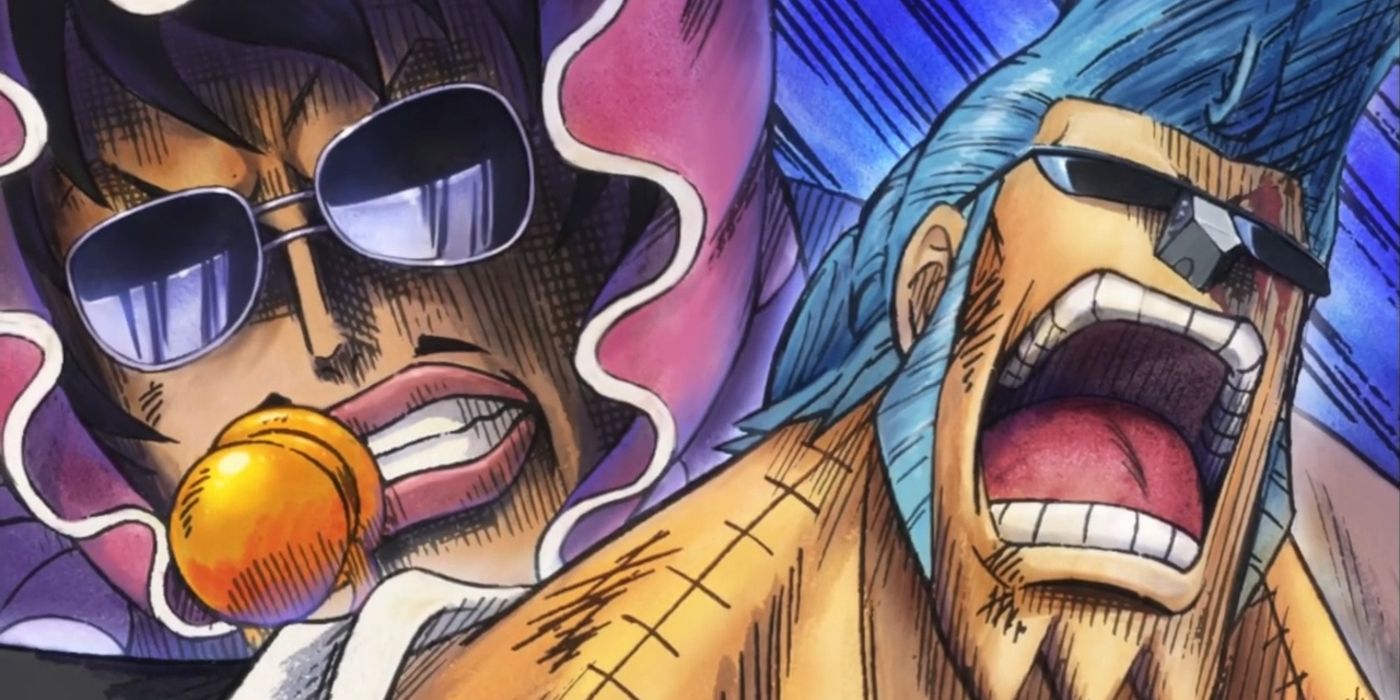 Imagem de anime de One Piece mostrando Franky gritando com um determinado Senor Pink atrás dele.