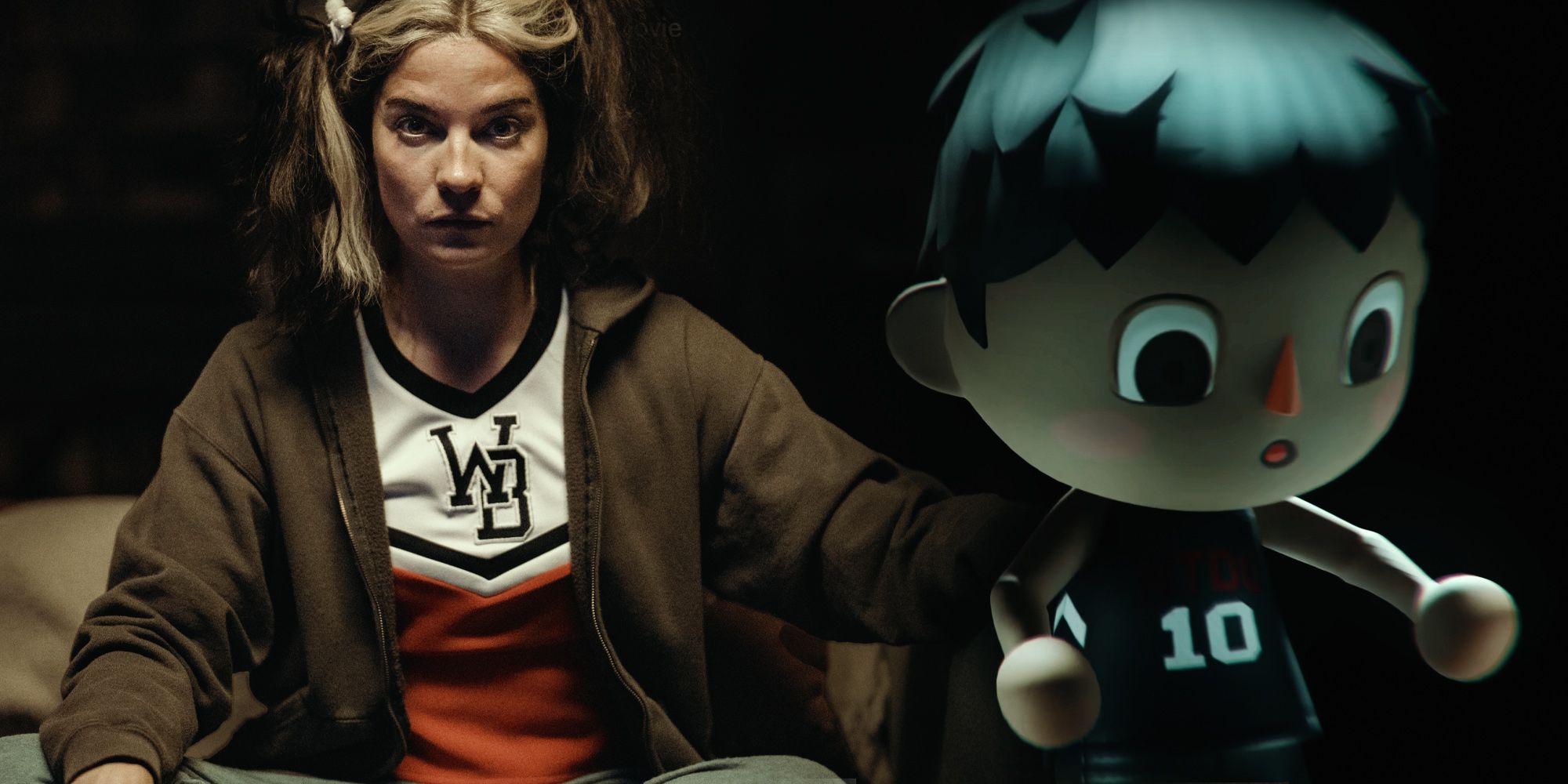 A Black Mirror charcter to the left with an Animal Crossing character to the right, both surrounded by a dark background.