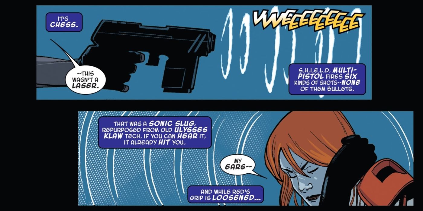 Nick Fury using a sound gun.