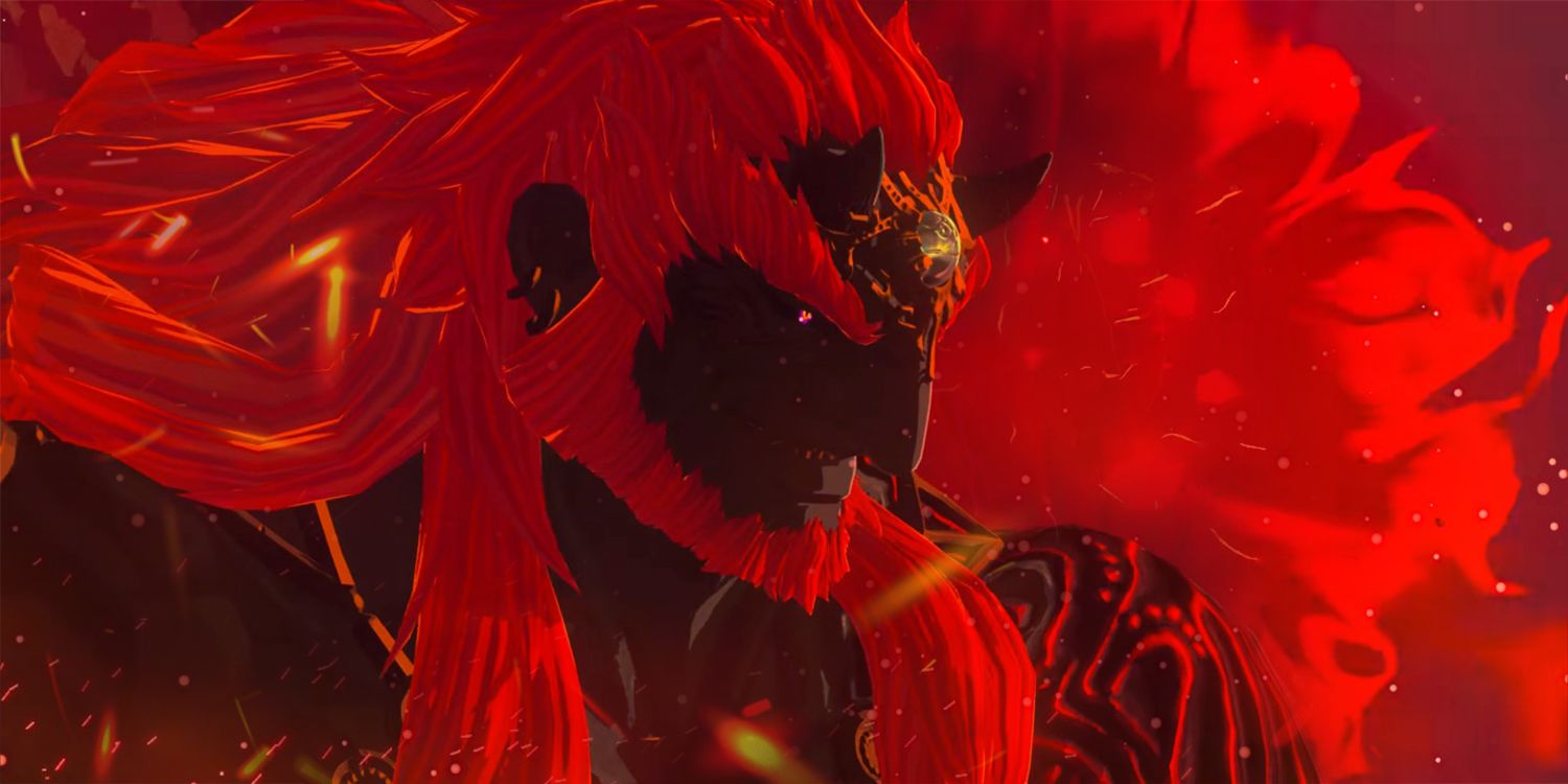 Ganondorf olhando para o chão com manchas vermelhas saindo de seu corpo. 