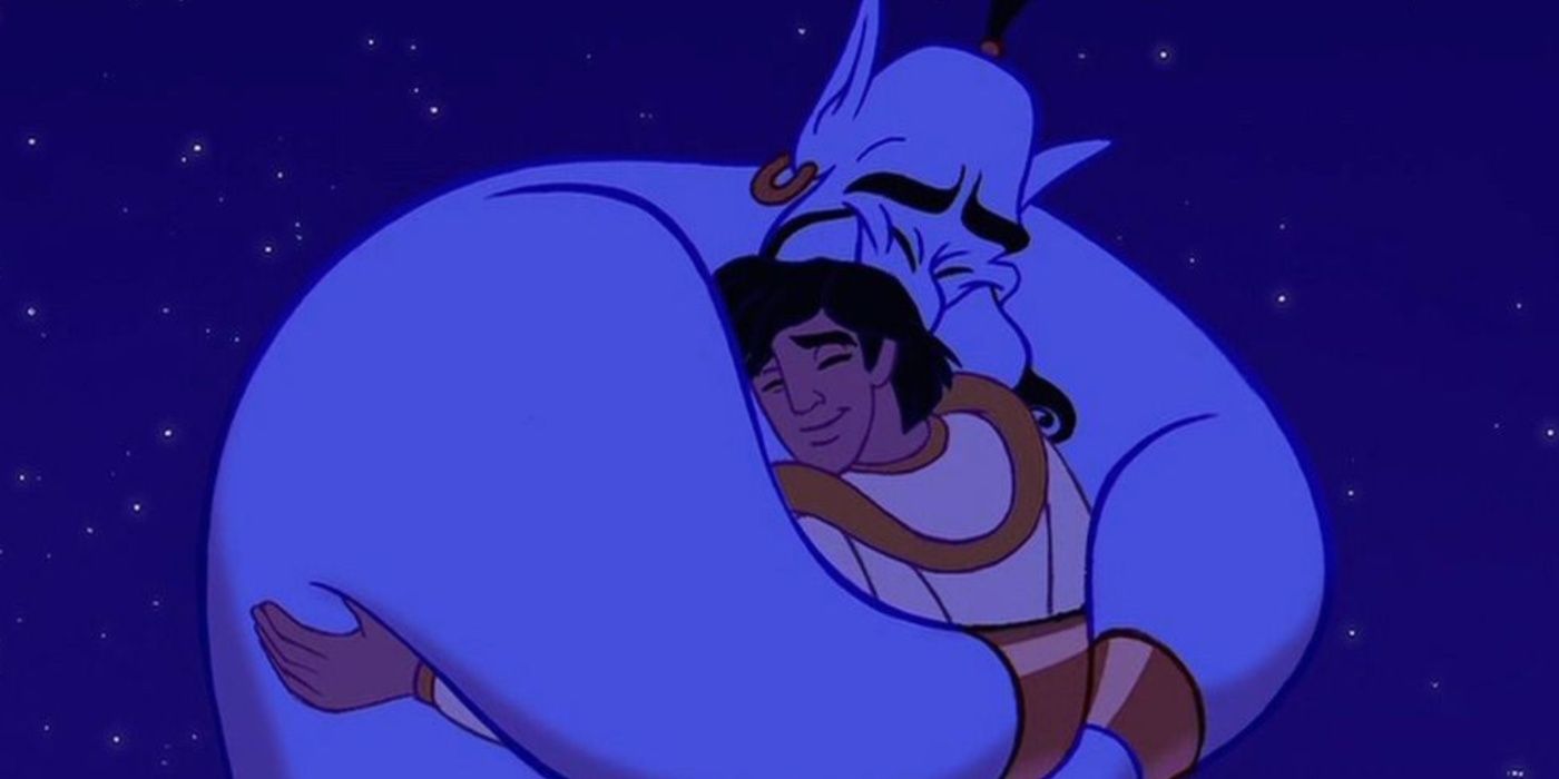 Genie and Aladdin hugging in Aladdin