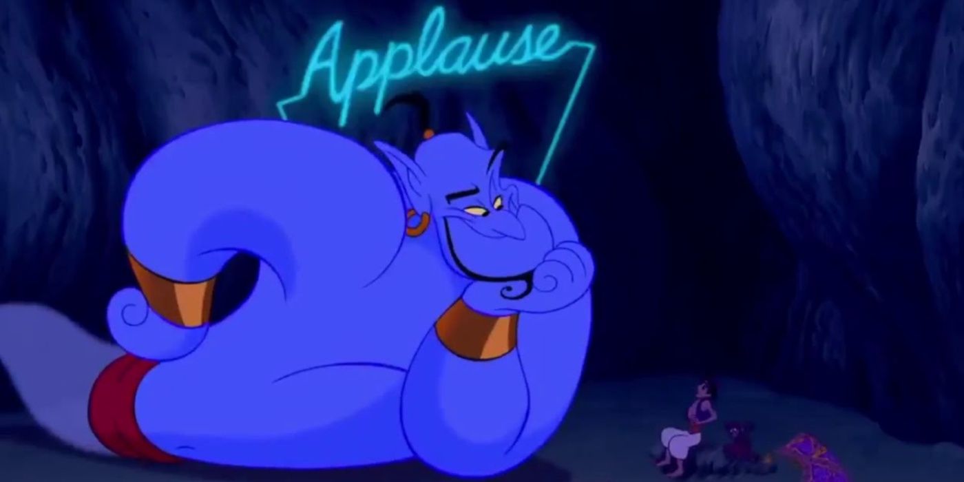 Genie beneath an applause sign in Aladdin