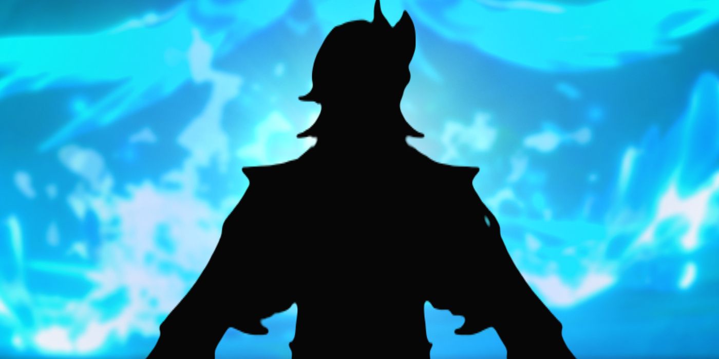 Genshin Impact&rsquo;s alleged silhouette of Neuvilette superimposed over an image of water effects in the Oceanid boss battle.