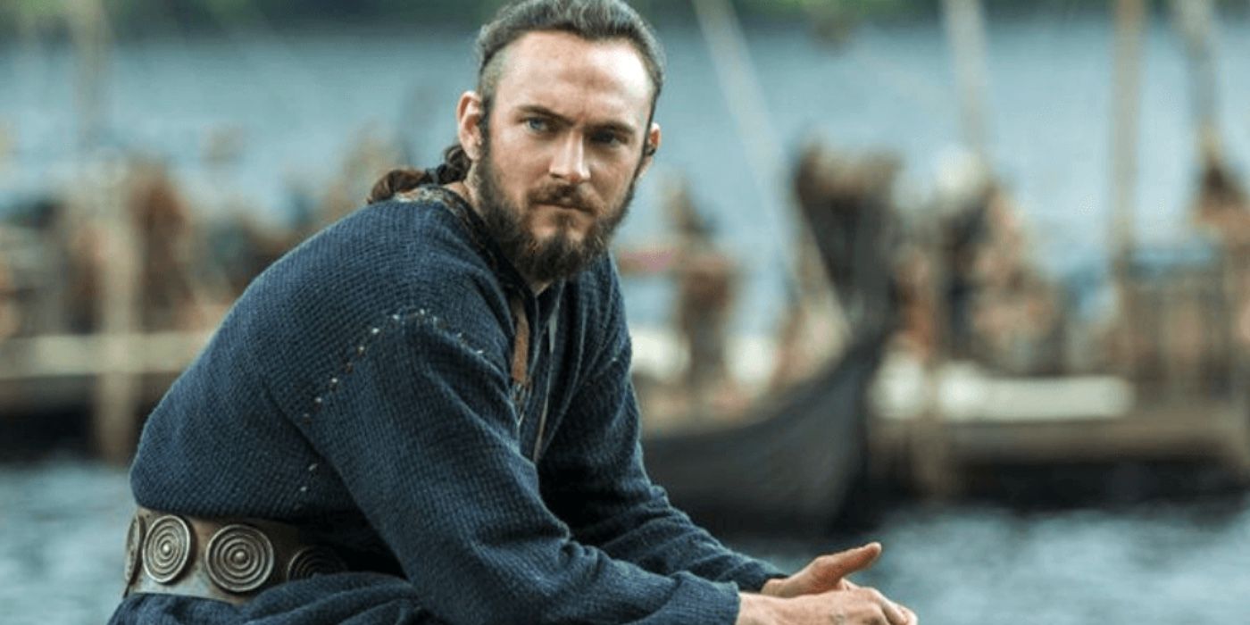 George Blagden as Athelstan by the waters edge in Vikings
