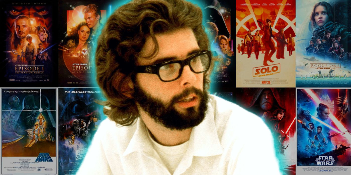 Young George Lucas in front of all 12 Star Wars movie posters.