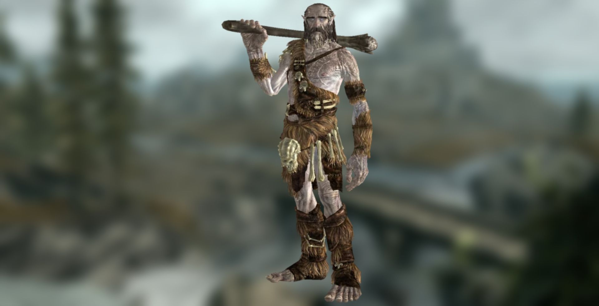 A render of a giant against a blurry screenshot of Skyrim.