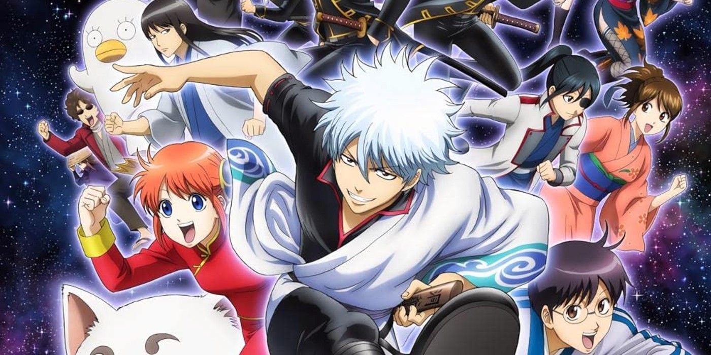 O elenco principal de Gintama em um visual chave contra um fundo salpicado de galáxia.