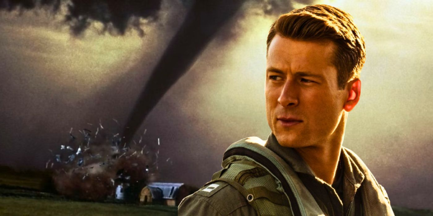 Glen Powell olhando de lado em Top Gun Maverick e um tornado em Twister