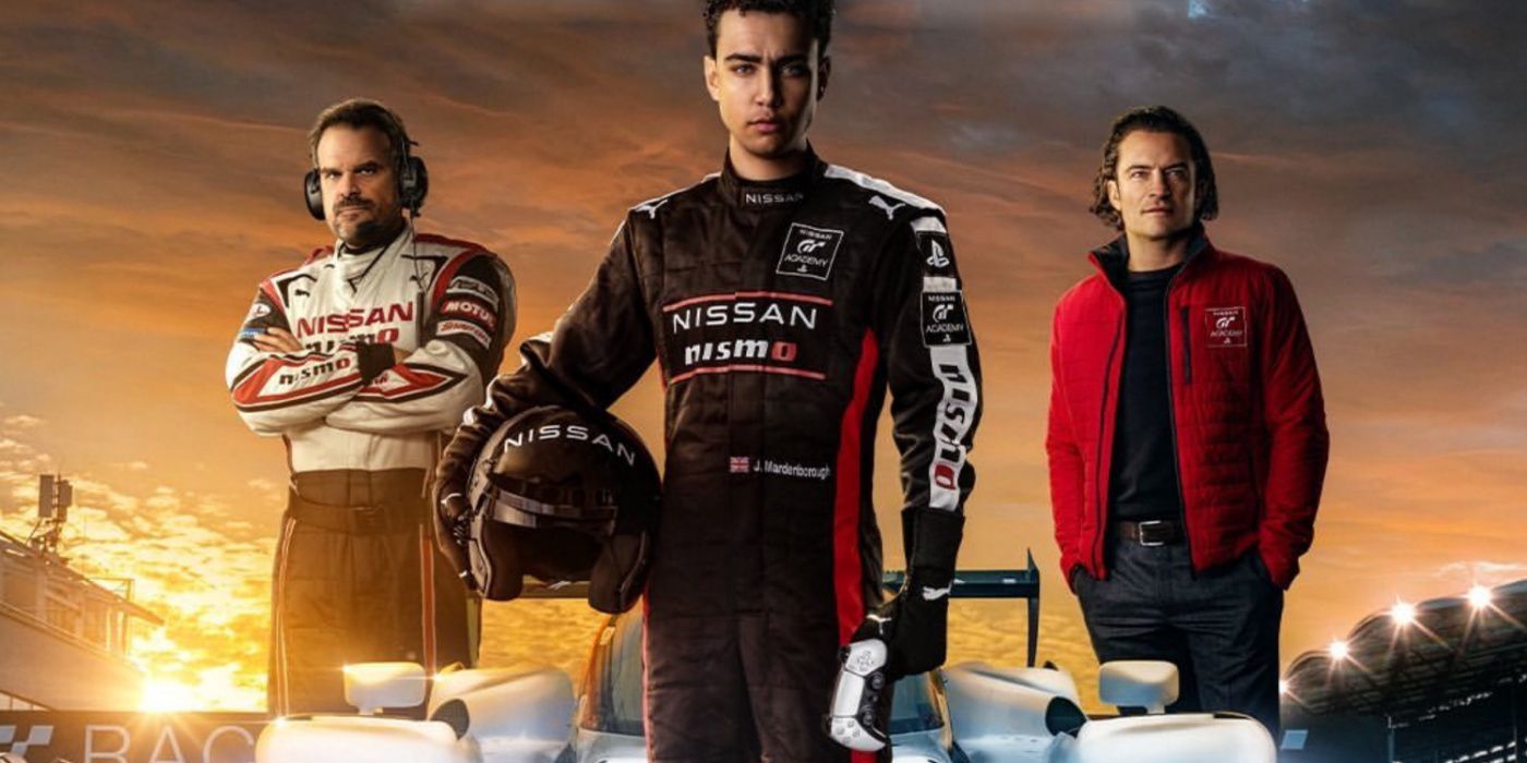 Gran Turismo movie poster with David Harbour, Archie Madekwe, and Orlando Bloom