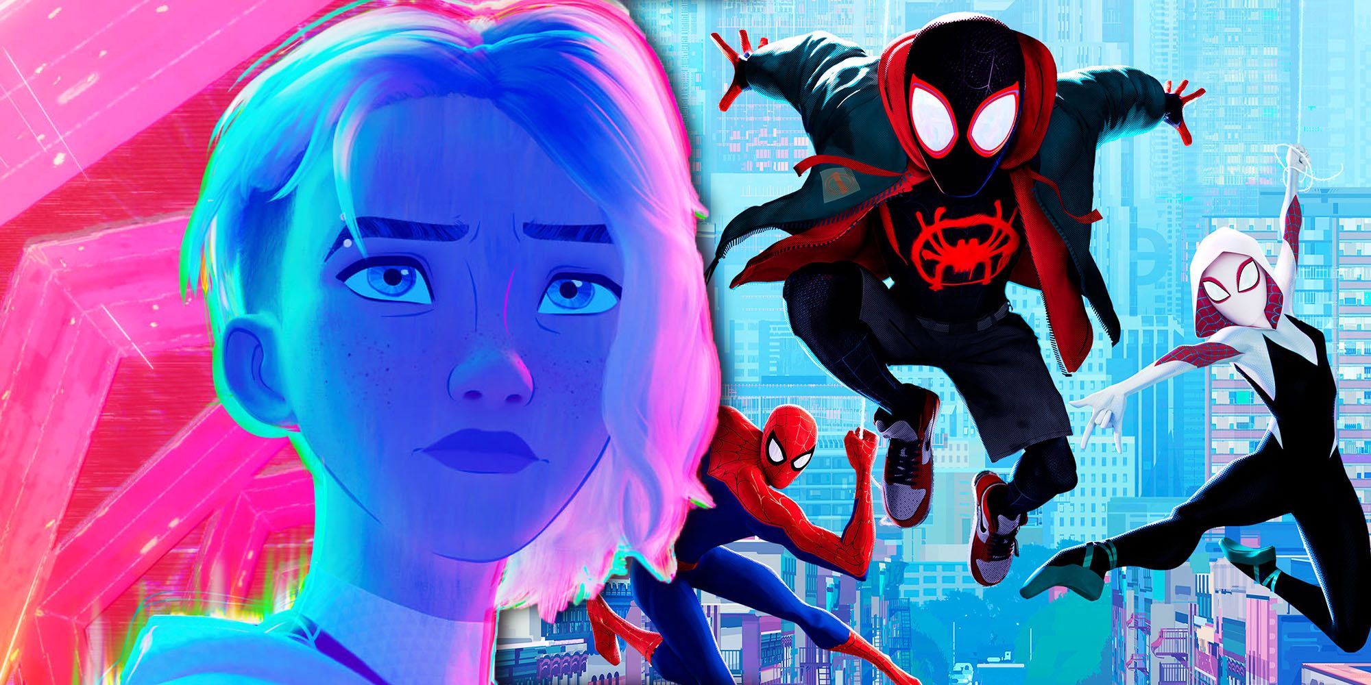 جوين ستايسي بجانب Spider-Man (Peter Parker) Spider-Man (Miles Morales) Spider-Woman (Gwen Stacy)