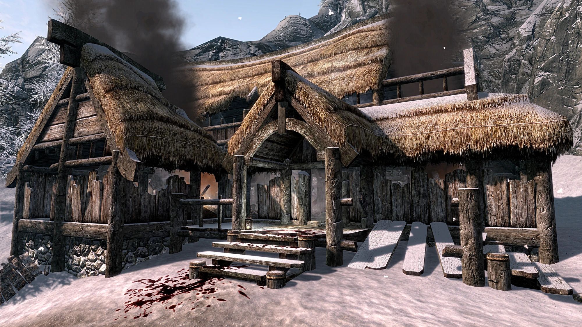 The walls of the Hall of the Vigilant in Skyrim have been wrecked and smoke leaks out of the roof.