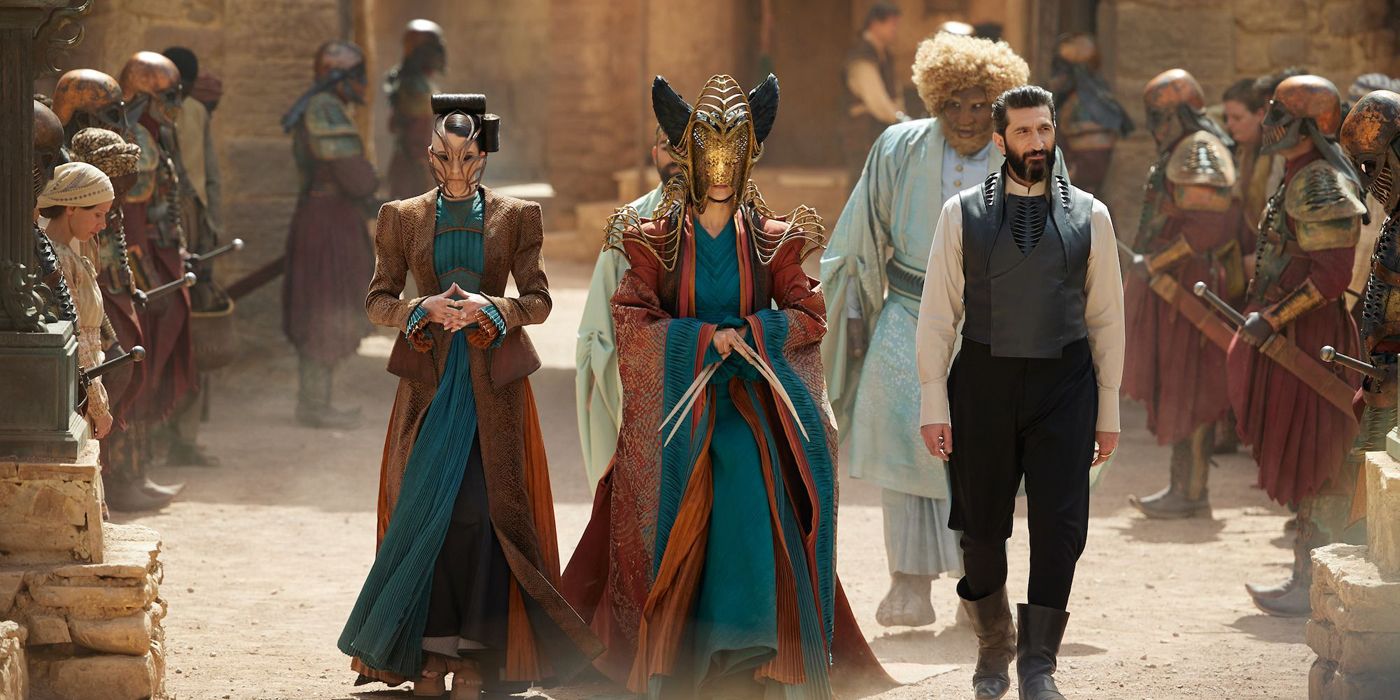 Hammed Animashaun as Loial and Fares Fares as The Dark One in The Wheel of Time Season 2