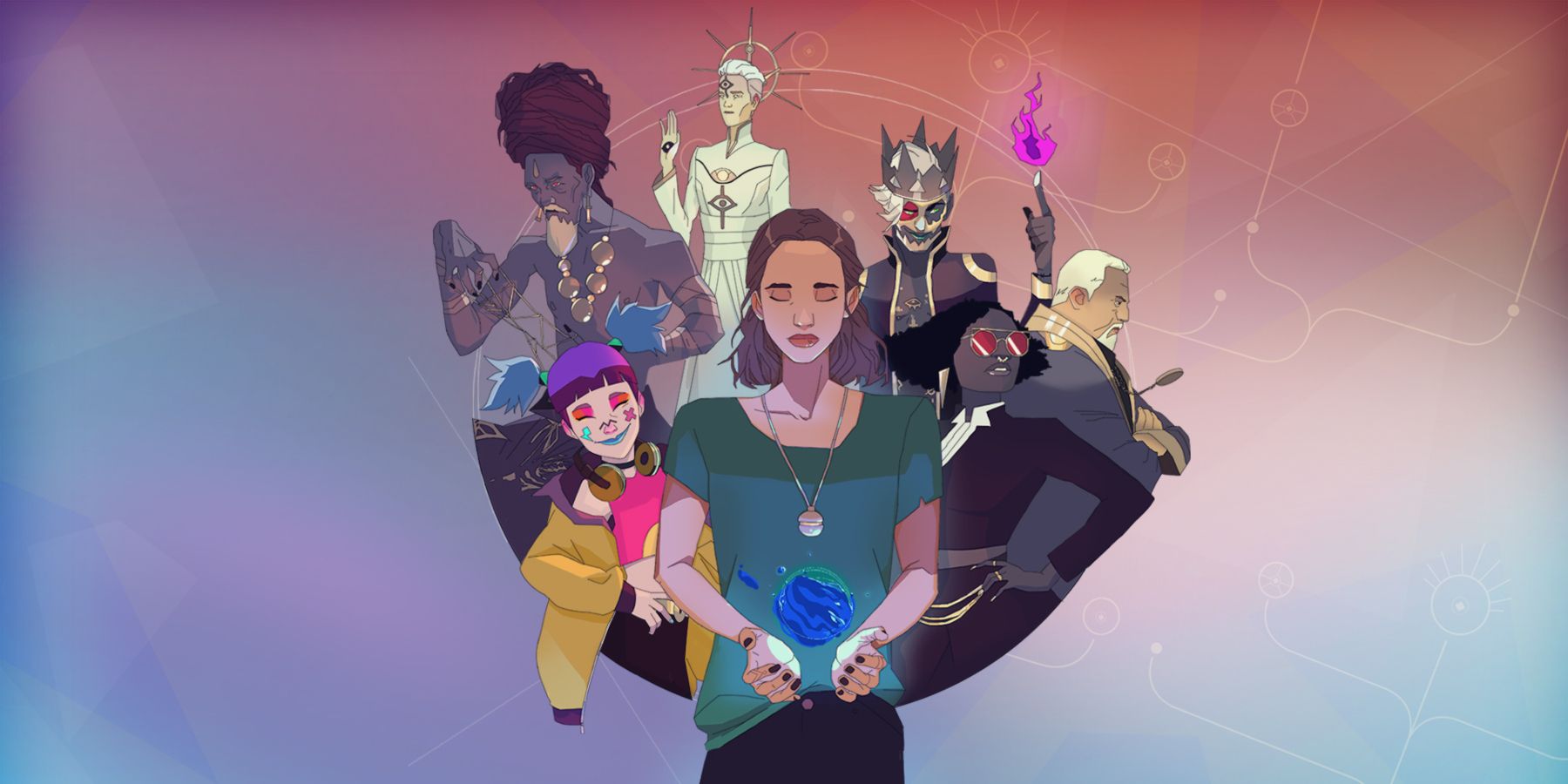 Artwork for the video game Harmony: The Fall Of Reverie. A woman wearing a necklace is cradling a floating blue orb. She is surrounded by people in extravagant outfits.
