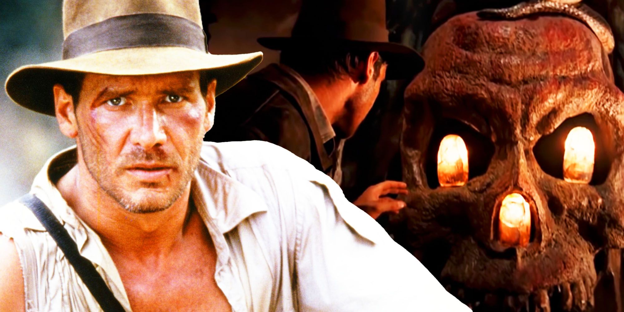 Harrison Ford as Indiana Jones and skull in Temple of Doom