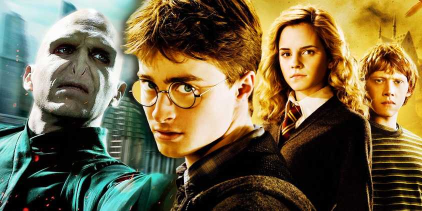 a composite image of Harry Potter looking sternly at the camera in front of Voldemort flicking his wand and Ron and Hermione looking determined from Harry Potter