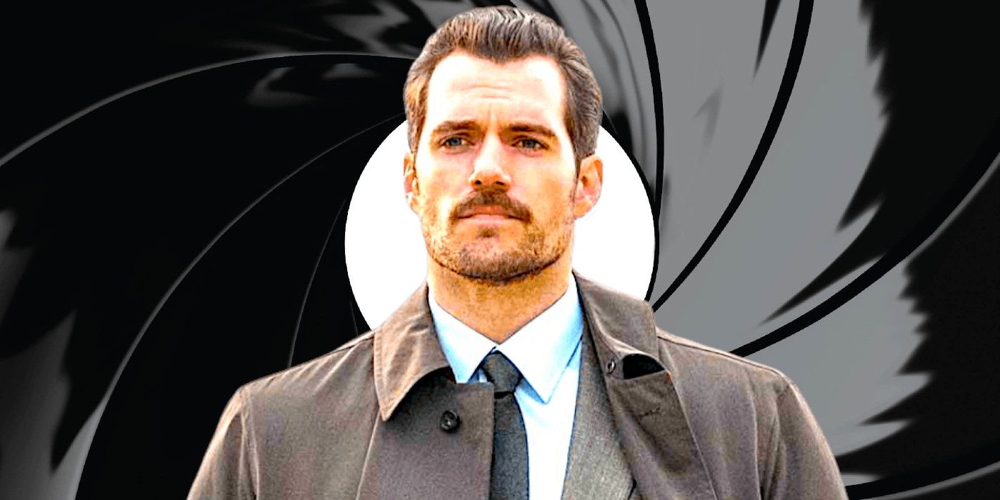 Henry Cavill in a trenchcoat and scruffy beard over the gun barrel logo from James Bond