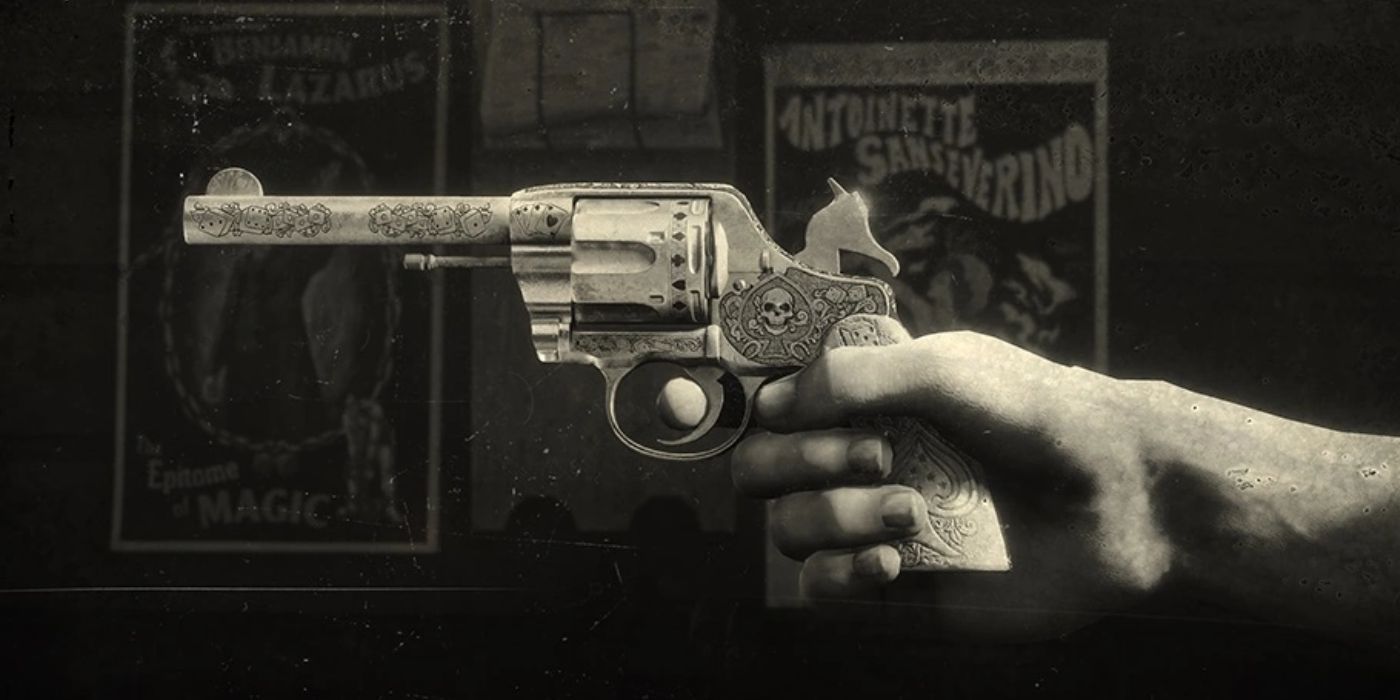 Gambar hitam putih seseorang memegang High Roller Revolver di RDR2.