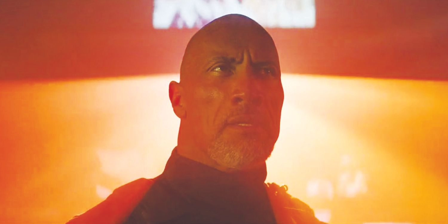 Dwayne The Rock Johnson as Luke Hobbs in front of an orange background in Fast X credits scene