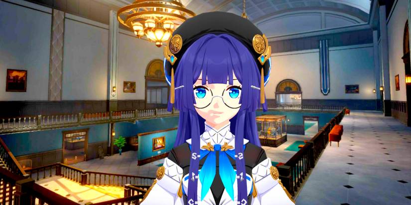 Pela in foreground with the museum in background in Honkai: Star Rail