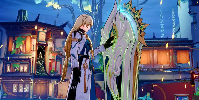 Honkai Star Rail's Luocha gently touches a coffin with his hand in the Xianzhou Luofu.
