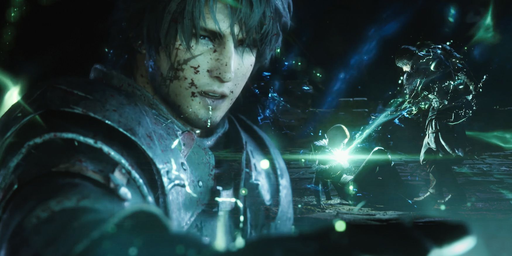 Final Fantasy 16's Clive has blood on his face, while he extends his hand to extract Benedikta Harman's powers in the background.