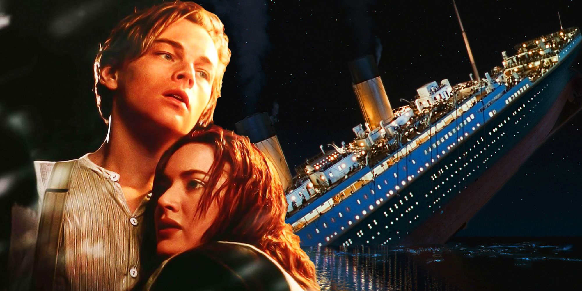 A blended image of Jack Dawson (Leonardo DiCaprio) and Rose DeWitt Bukater (Kate Winslet) with the sinking ship in Titanic