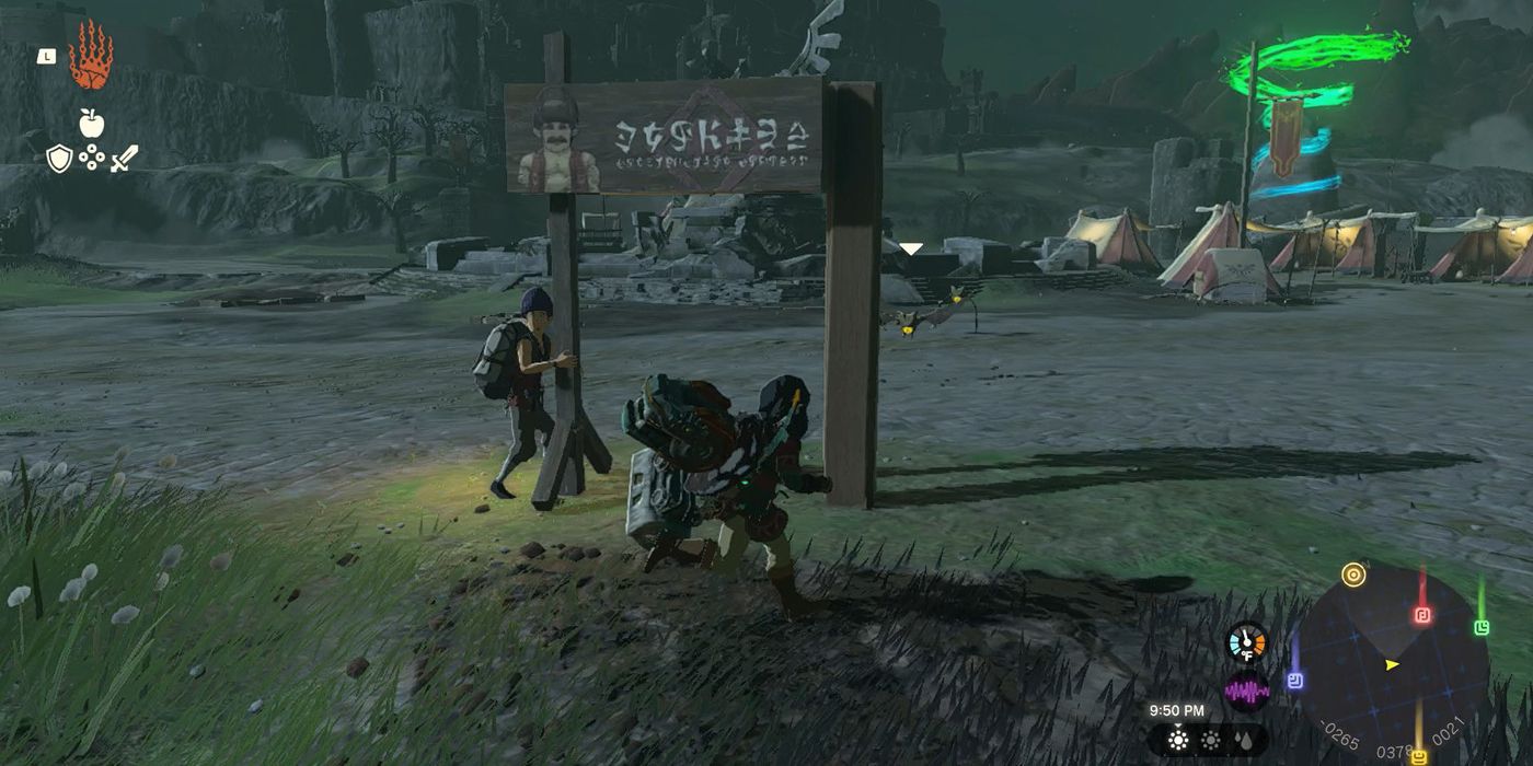 Link se agacha ante un rompecabezas de signos de Hudson completo en TOTK.  El cartel, que originalmente tenía un solo poste, se ha completado con un poste simétrico fusionado al otro lado.