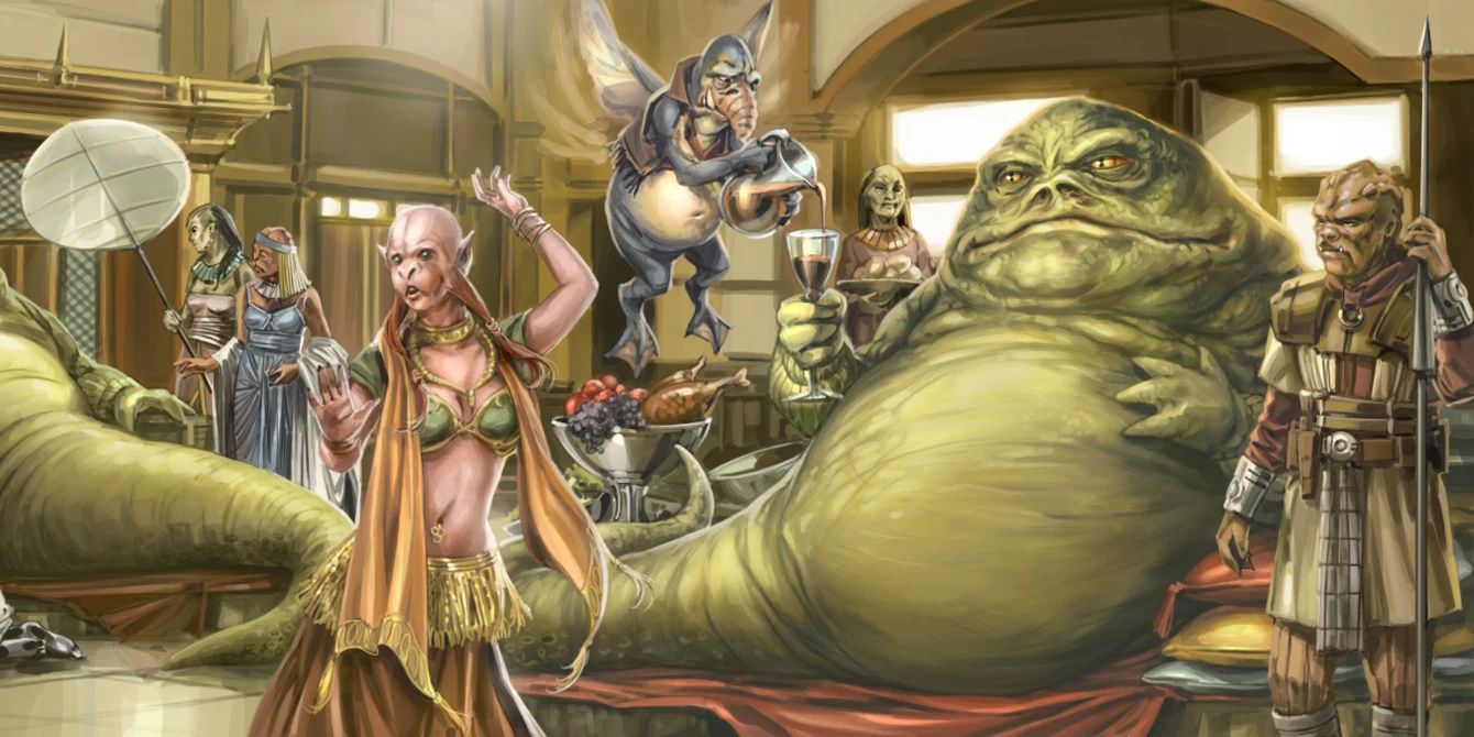 Hutts lounge in a palace attended by servants in Star Wars