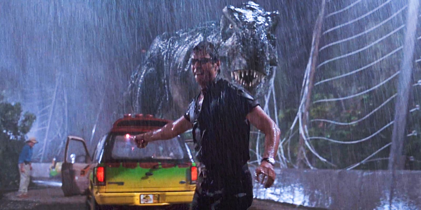 Ian Malcolm leading T-rex away in Jurassic Park