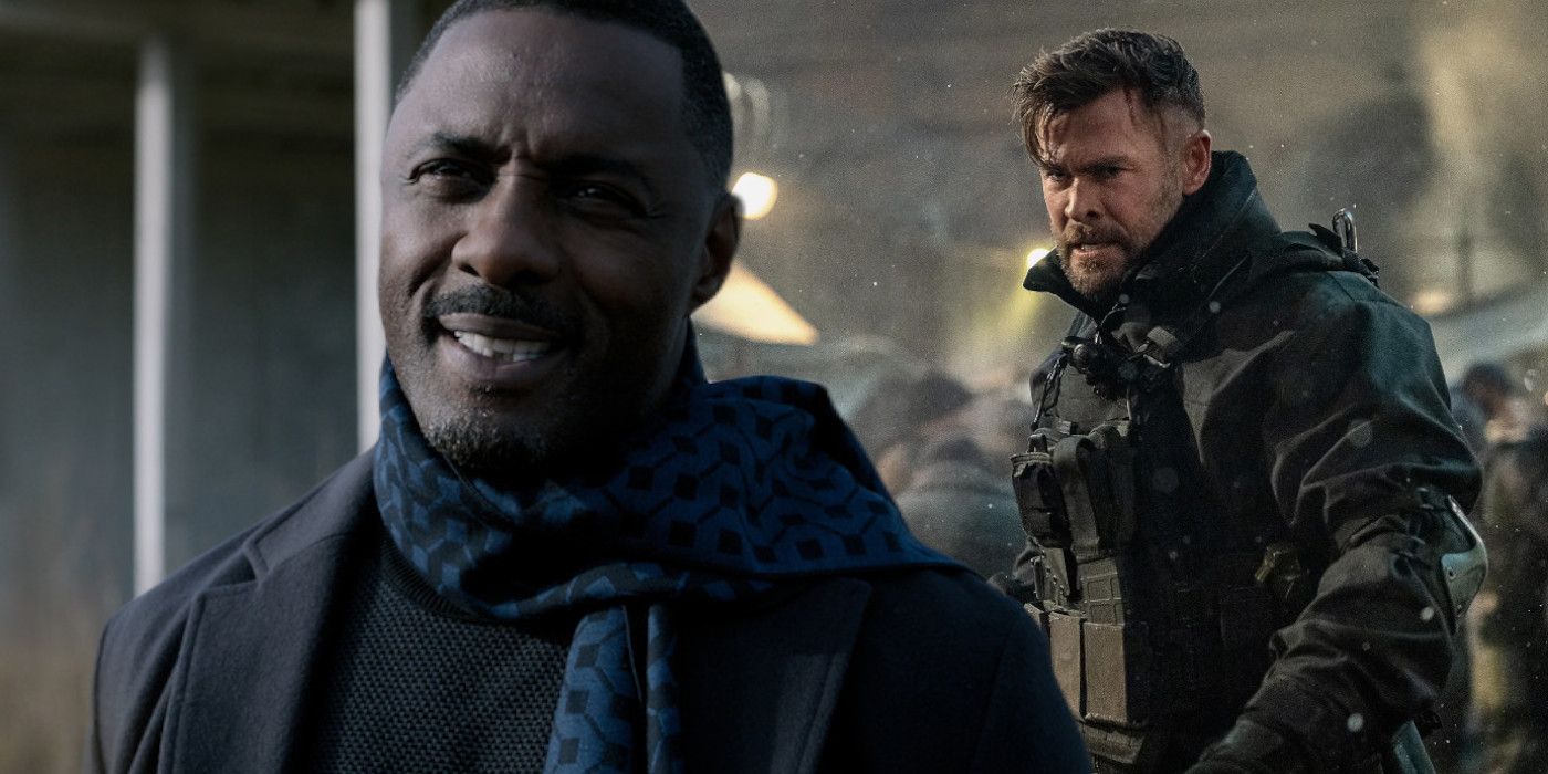 Idris Elba in Extraction 2 in front of Chris Hemsworth in fighting gear