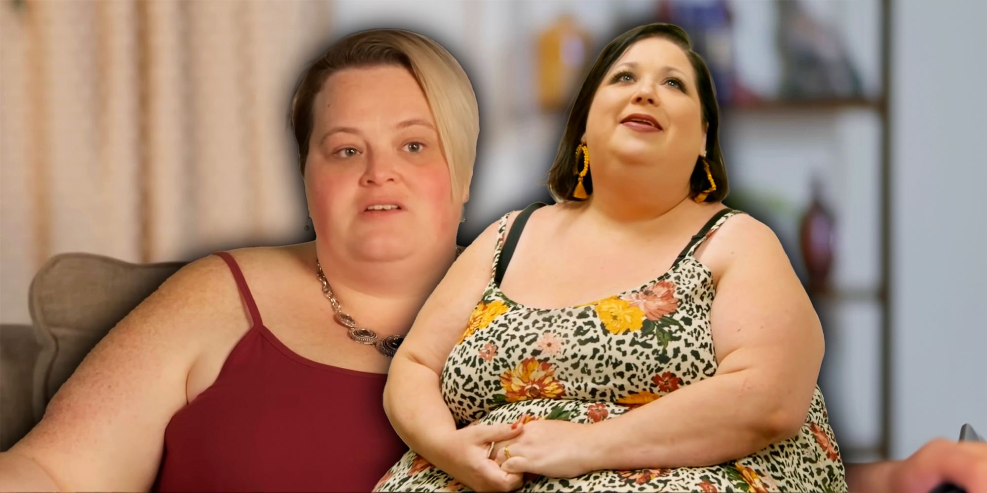 tina and megan montage from 1000-lb Best Friends the two women in dresses