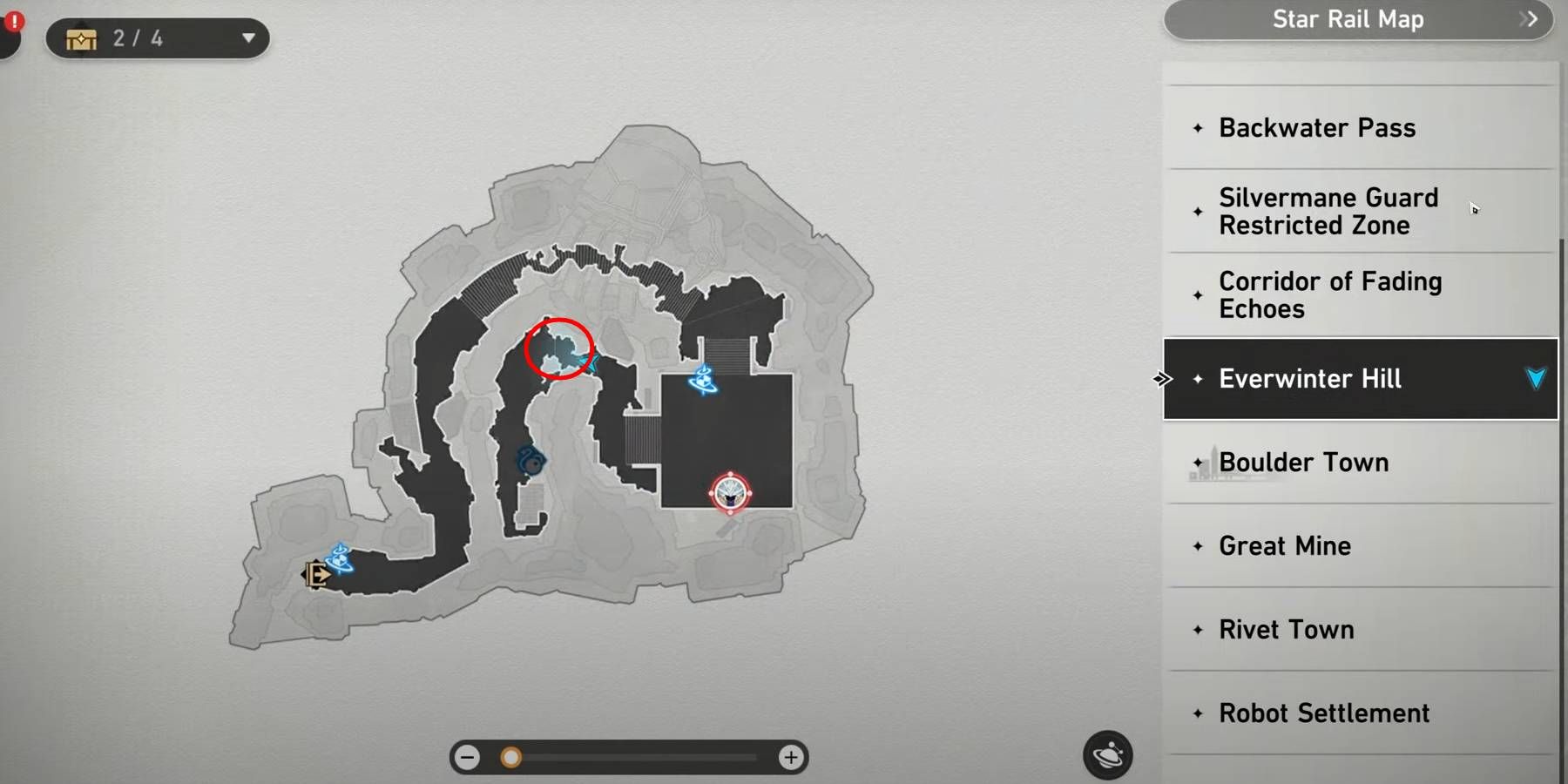 Honkai: Star Rail Everwinter Hill Warp Trotter Location on Map Marked in Red Circle