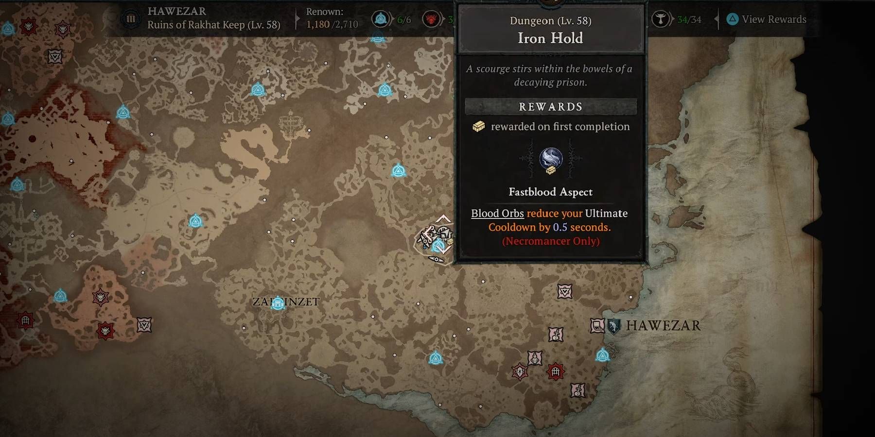 Lokasi Diablo 4 Iron Hold Dungeon di Map dengan Legendary Aspect Fastblood