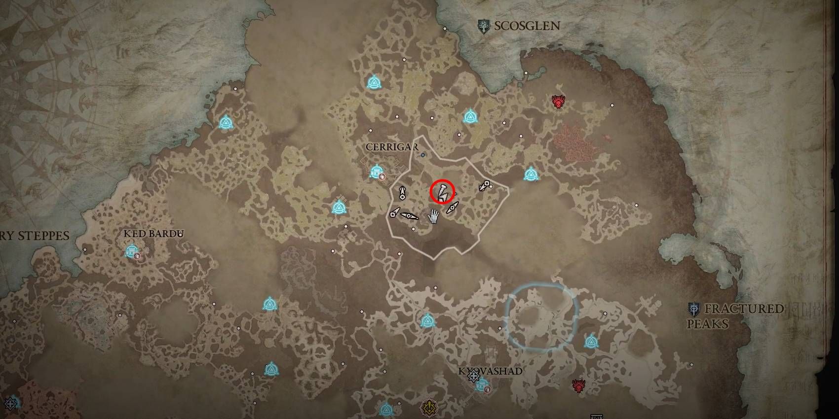 Diablo 4 Garbhan Ennai Rare Elite Spawn Location Marked in Red Circle on Map