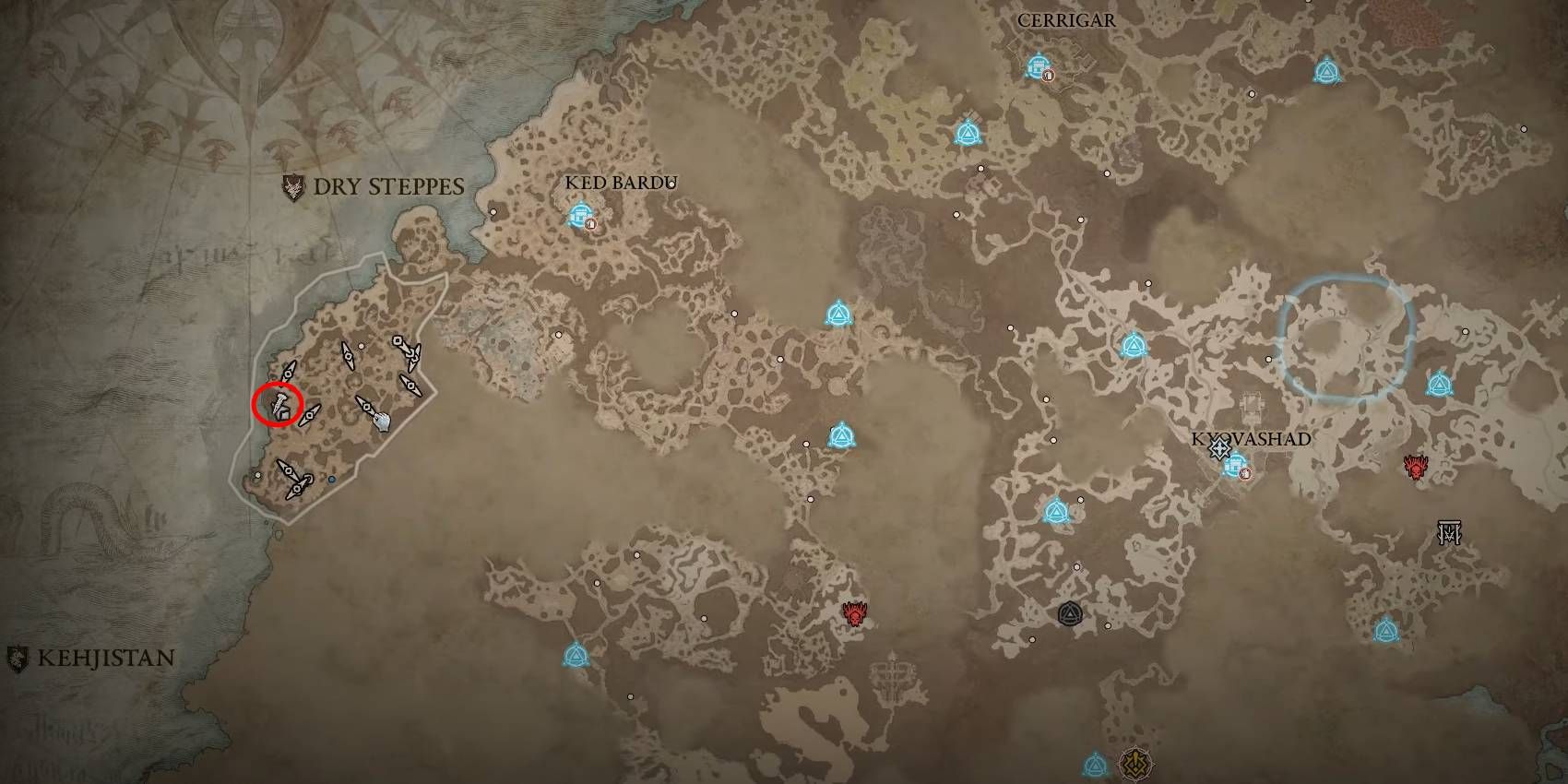 Diablo 4 Almunn Rare Elite Spawn Location Marked in Red Circle on Map