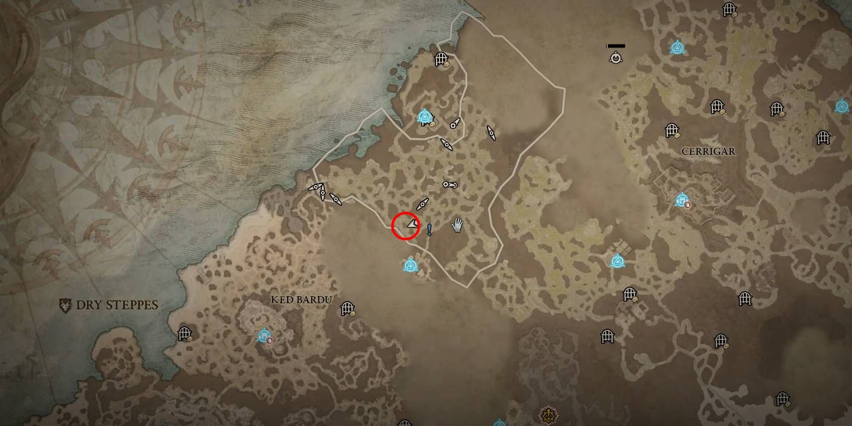 Diablo 4 Lord Eonan Rare Elite Enemy Location marked in Red Circle on map