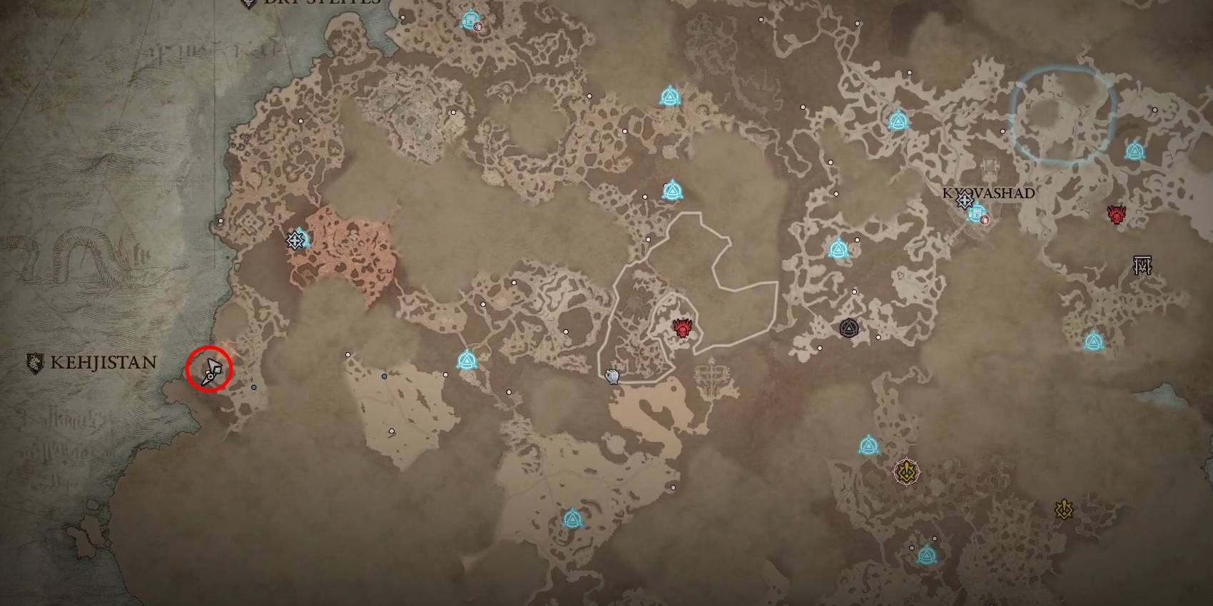 Diablo 4 Abe-Mari Rare Elite Location Marked in Red Circle on Map