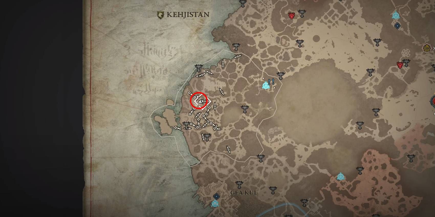 Diablo 4 Nine-Eyes Rare Elite Location marked in Red Circle on Map