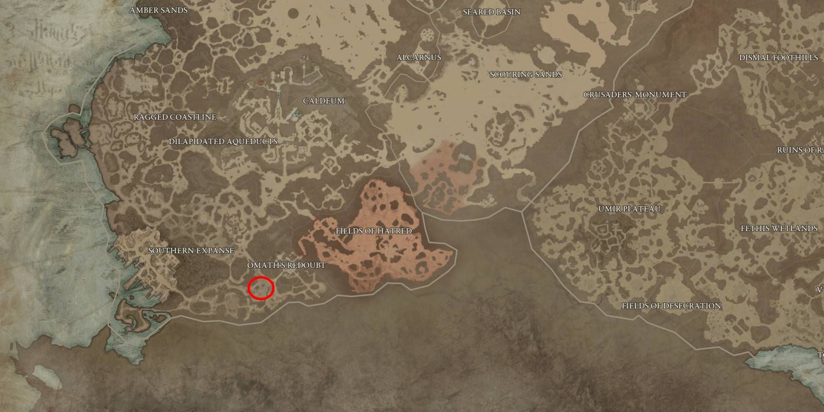 Diablo 4 Qiniel Rare Elite Enemy Location Marked in Red Circle on Map