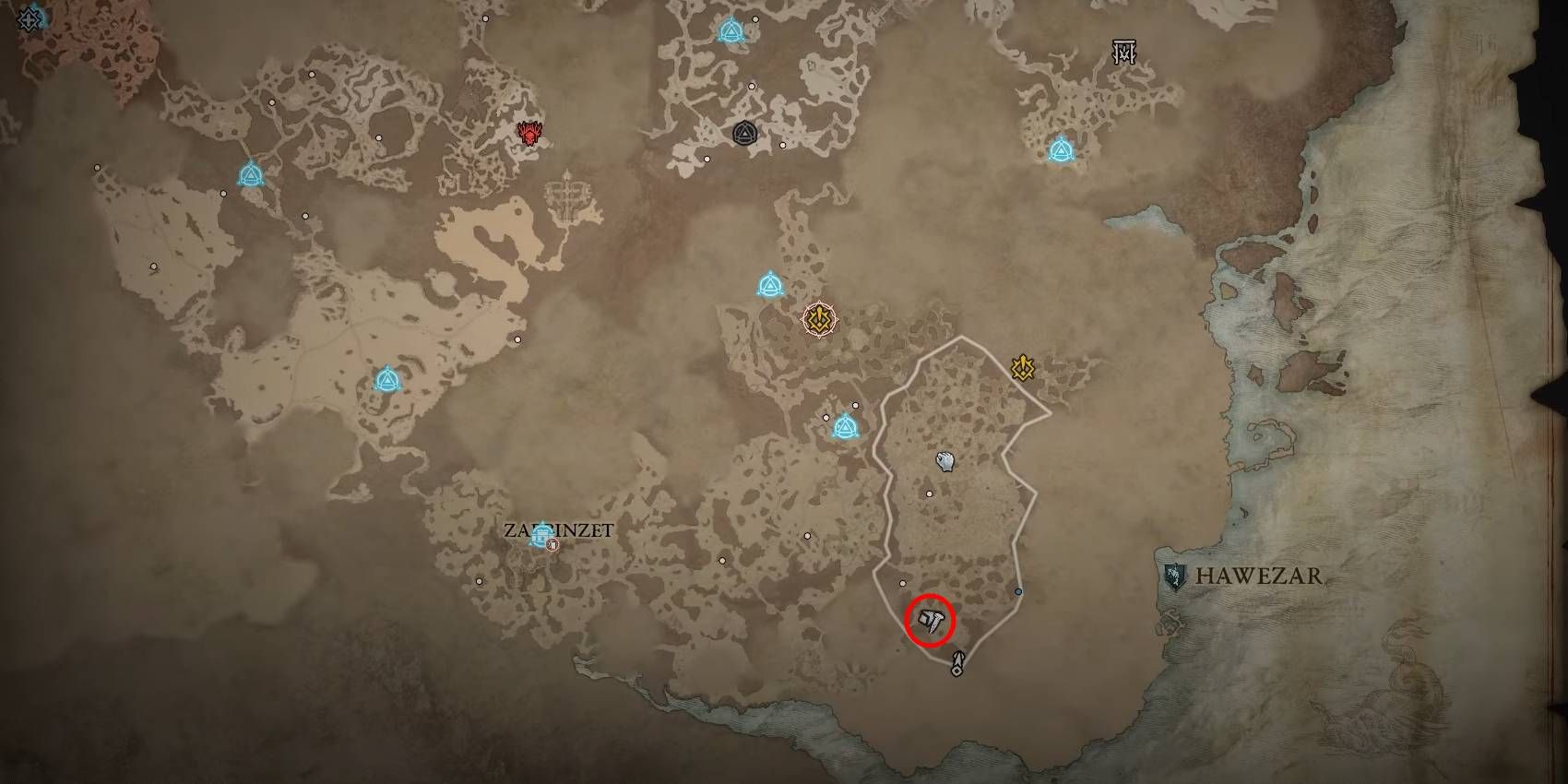 Diablo 4 Captain Willcocks Rare Elite Enemy Location Marked in Red Circle on Map