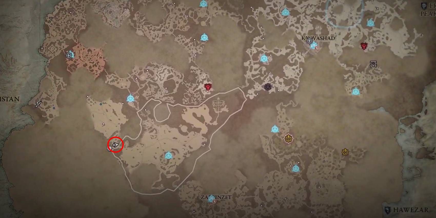 Diablo 4 Faraya Tehi Rare Elite Enemy Location marked in Red Circle on Map