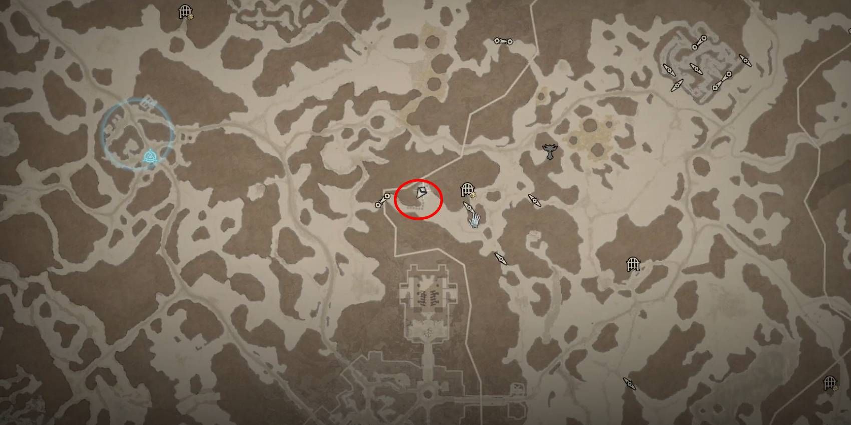 Diablo 4 Sir Lynna Rare Elite Enemy Location Marked in Red Circle on Map
