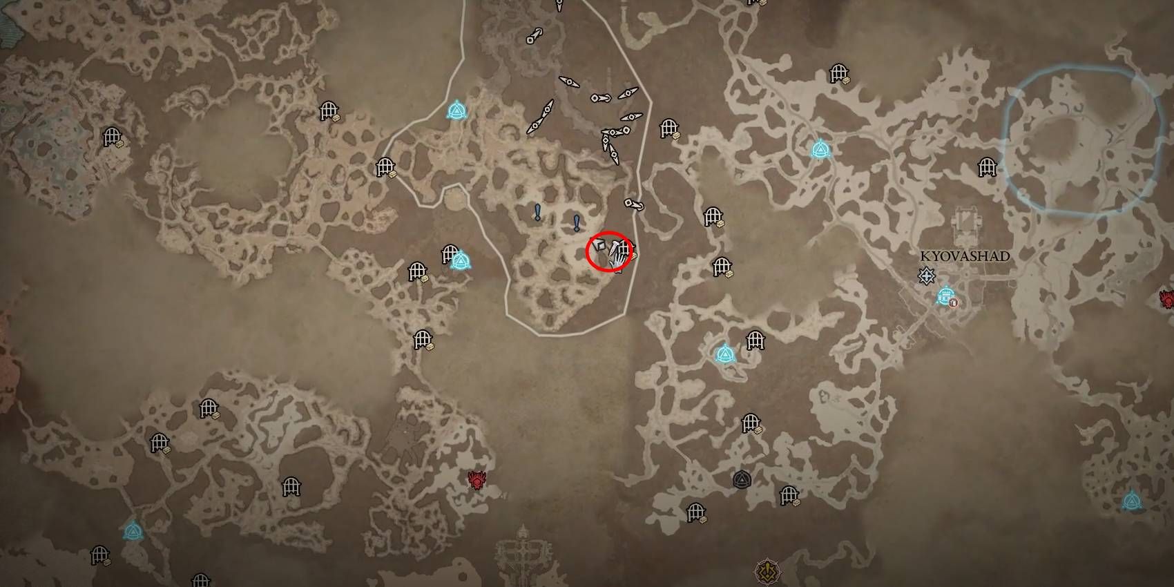 Diablo 4 Pitiless Gur Rare Elite Enemy Location on Map Marked in Red Circle