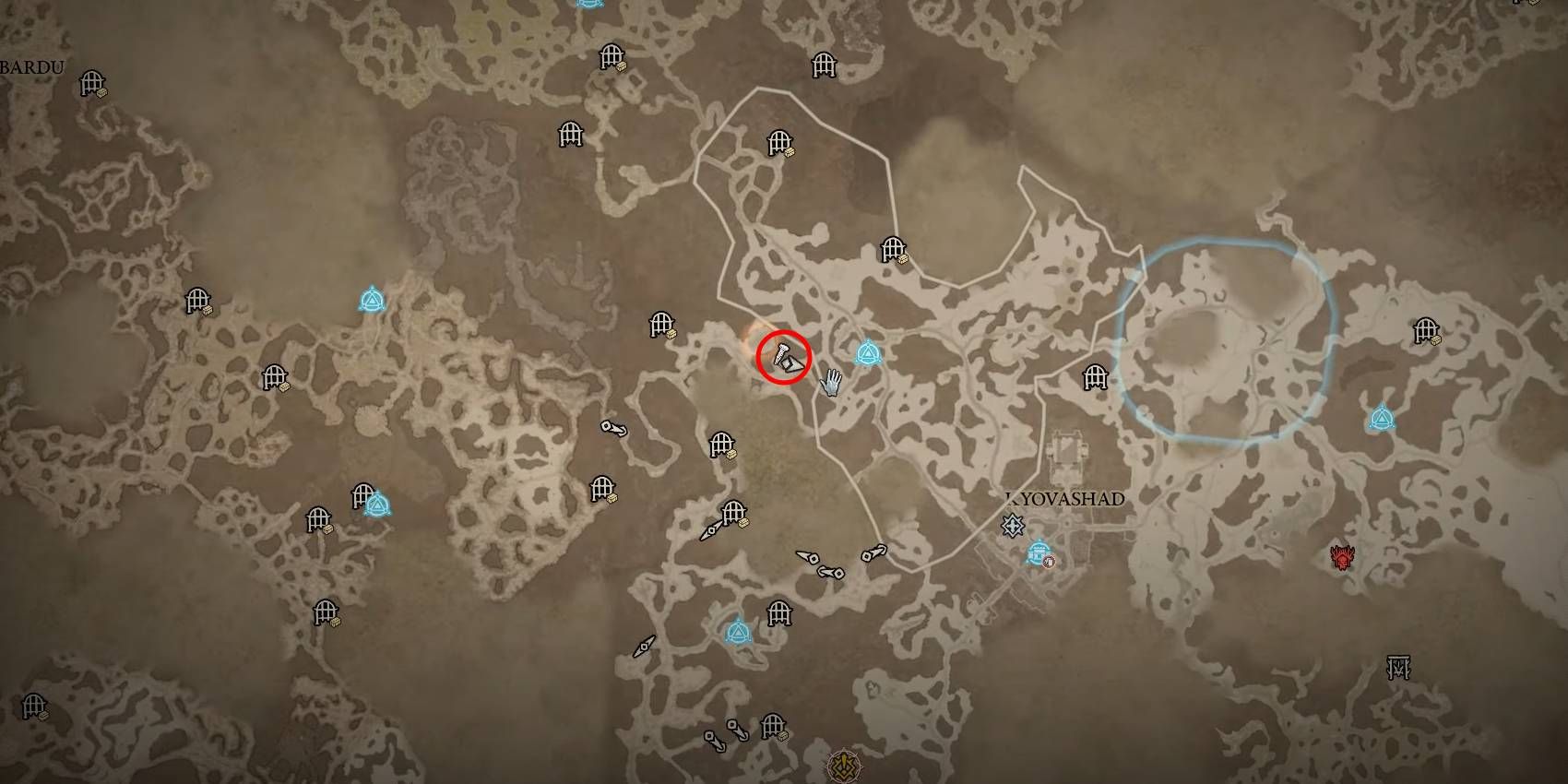 Diablo 4 Rotsplinter Rare Elite Enemy Location marked in Red Circle on Map