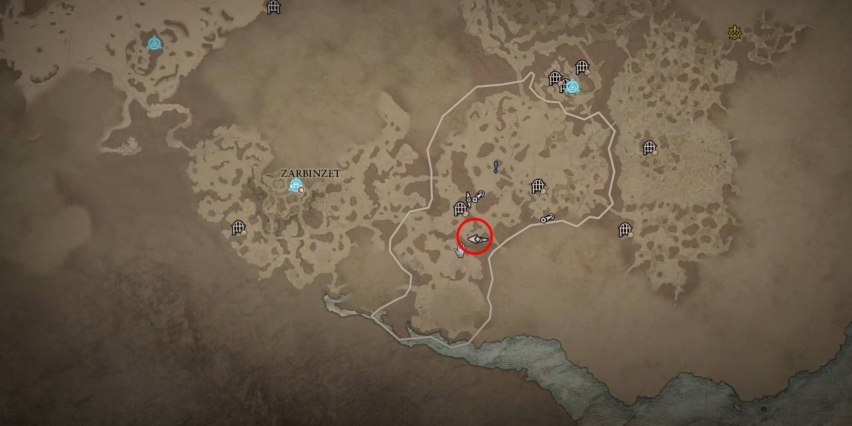 Diablo 4 Trembling Mass Rare Elite Enemy Location on Map Marked in Red Circle