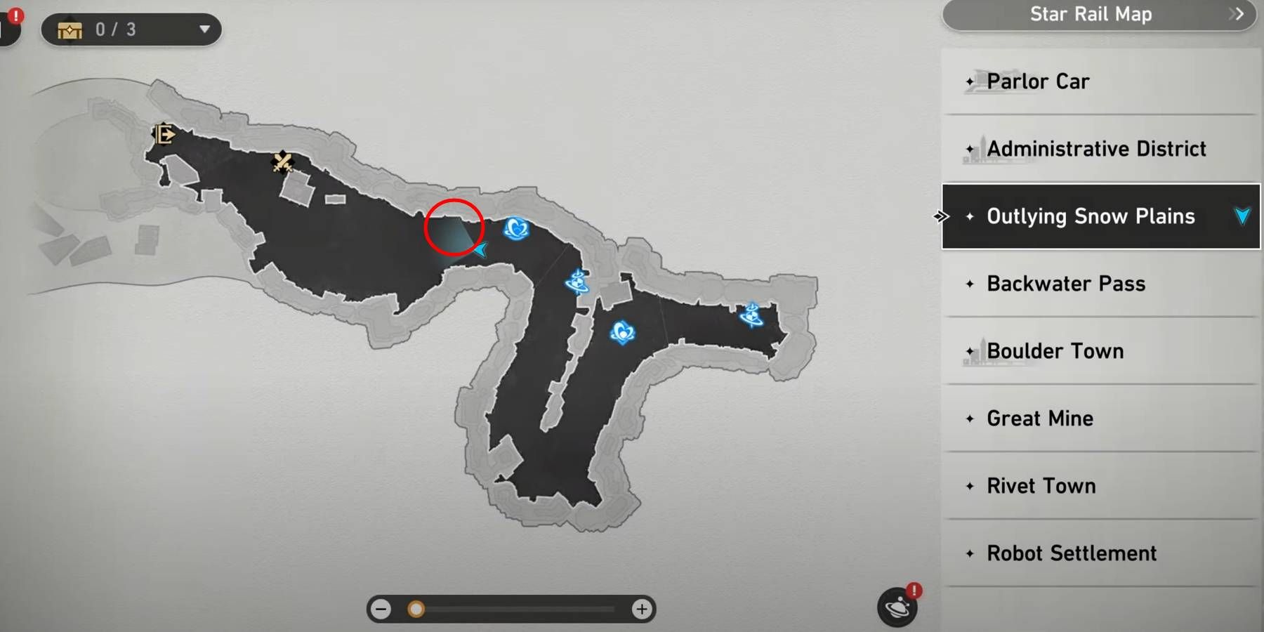 Honkai: Star Rail Outlying Snow Plains Warp Trotter Location Marked in Red Circle